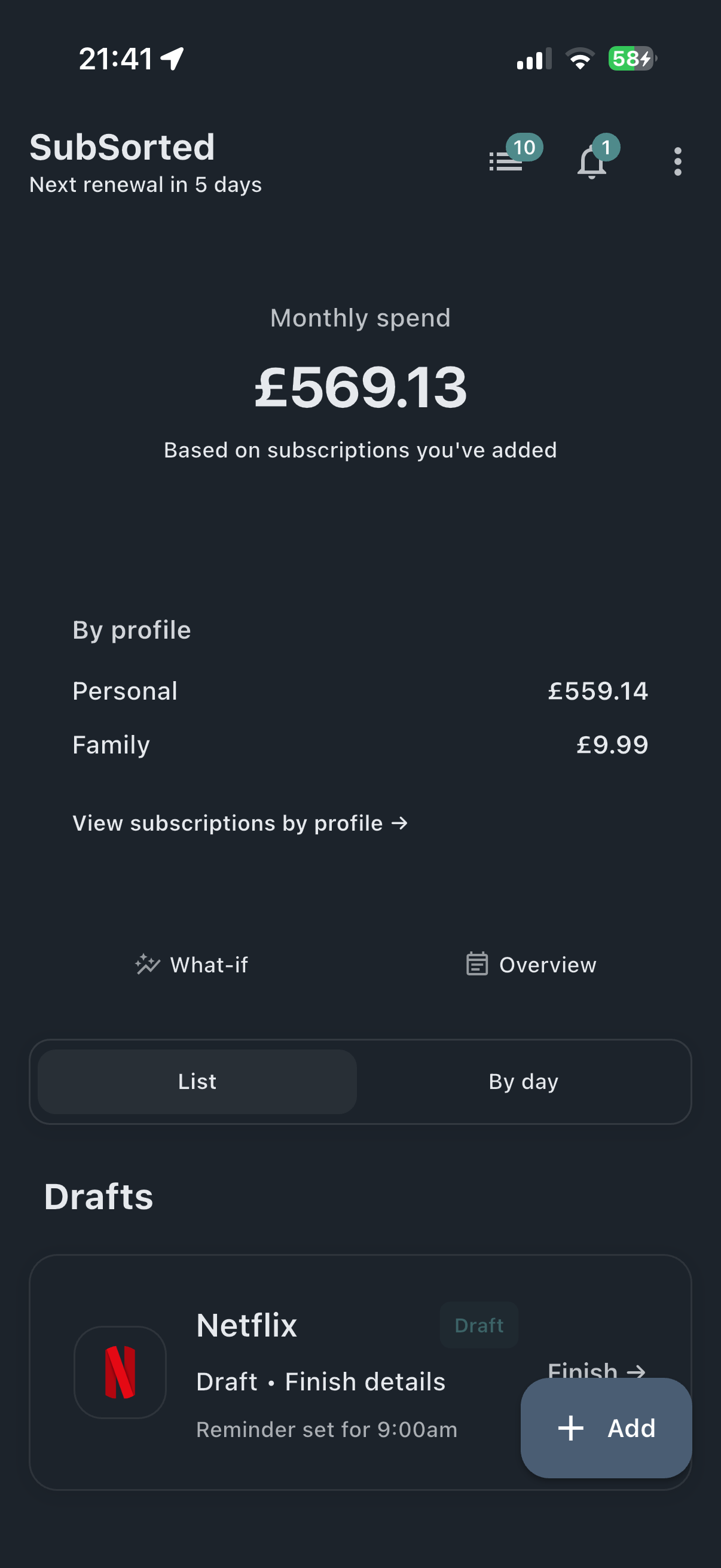 SubSorted app showing monthly spend overview with profile breakdown