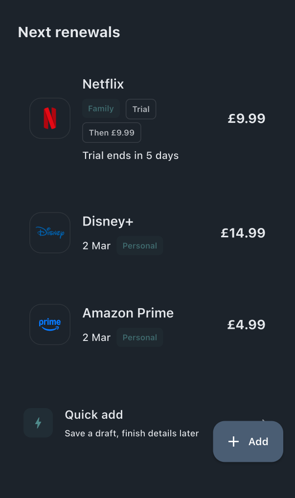 SubSorted app showing subscription list with Netflix, Disney+, and Amazon Prime