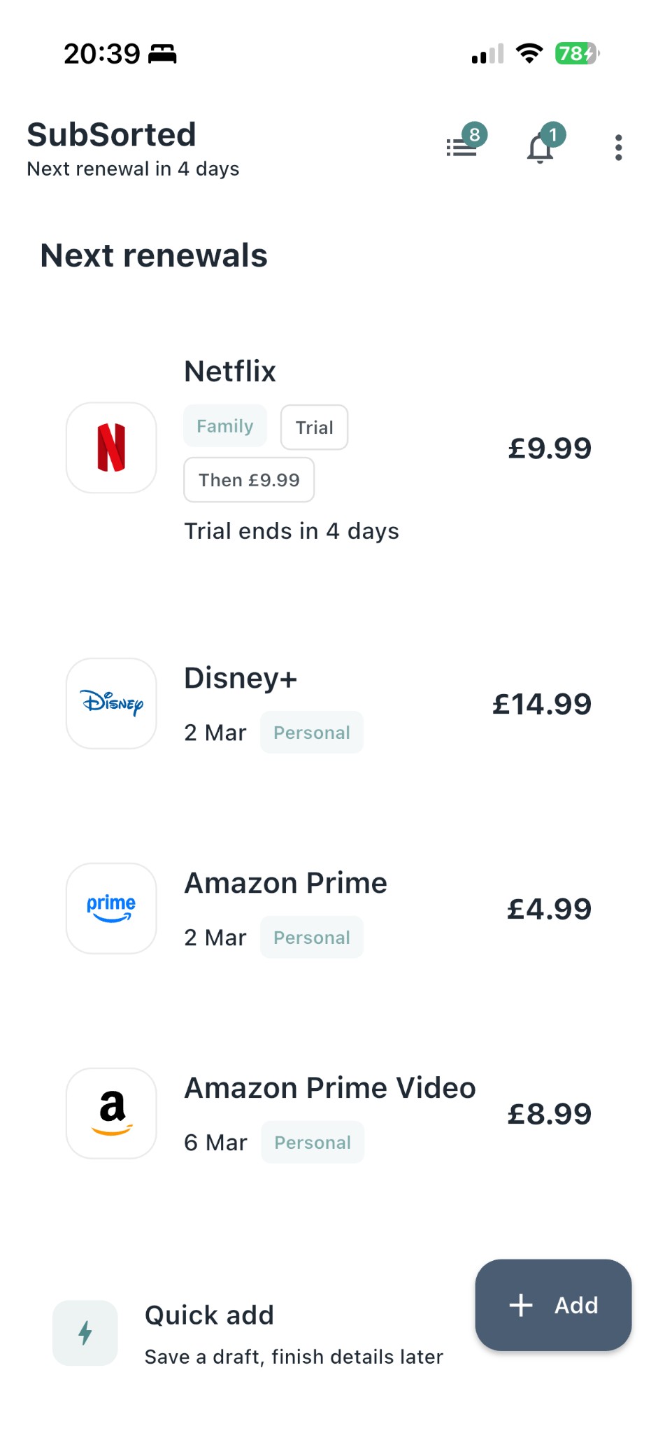 SubSorted app showing subscription list with Netflix, Disney+, and Amazon Prime